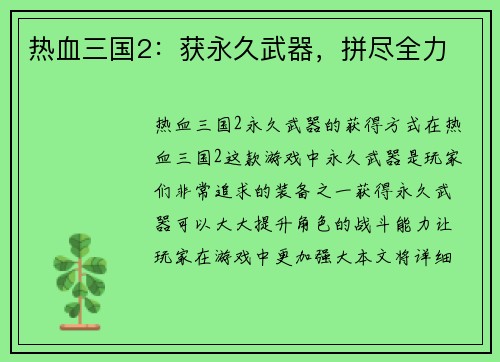 热血三国2：获永久武器，拼尽全力
